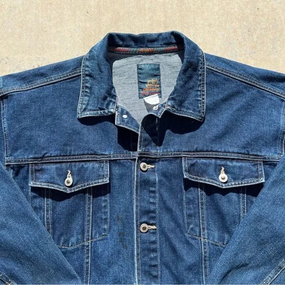 Mens vintage 80s thick deep blue denim wide boxy fit jacket buttons collar kanye - Picture 4 of 4